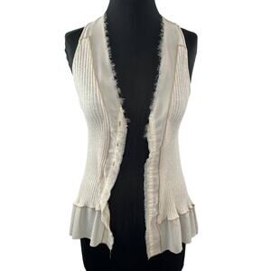 TINY Cream Fringe Semi-Sheer Trim Ribbed Knit Cotton Blend Sleeveless Vest XS?